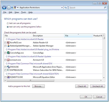 Application Restrictions window